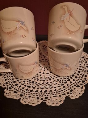 Vintage Corningware Cream Mug Set with Blue and Pink Goose Motif